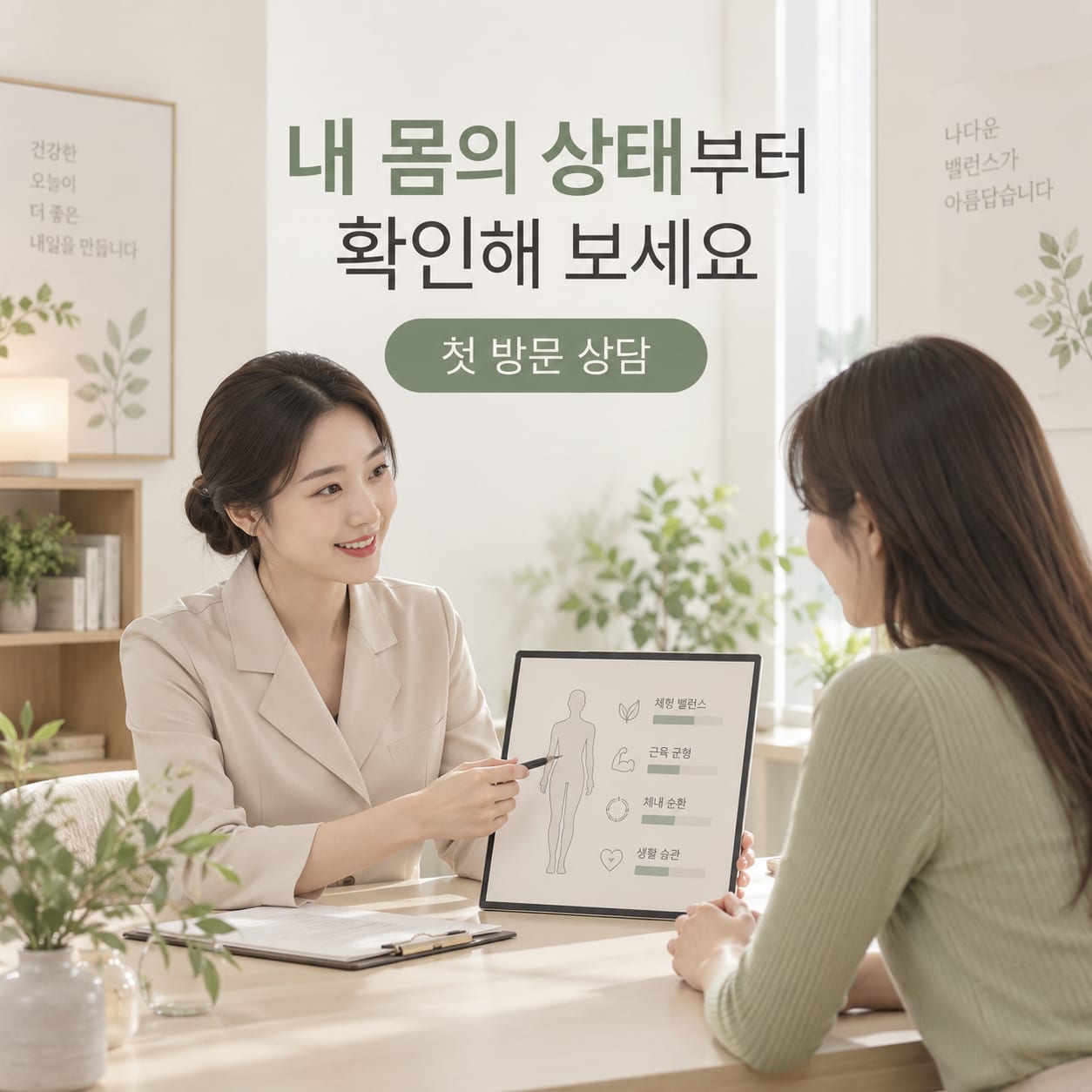 내 몸의 상태부터 확인해 보세요 · 첫 방문 상담. 상담사가 체형 밸런스·근육 균형·체내 순환·생활 습관 항목을 짚어 설명하는 모습
