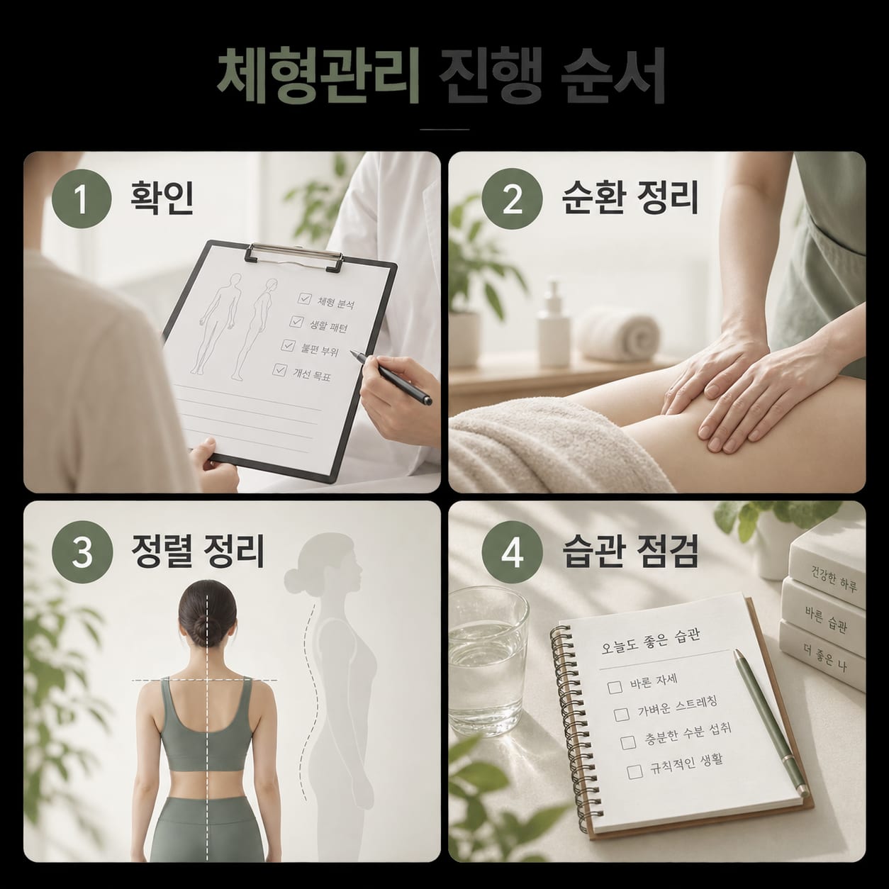체형관리 진행 순서 — 1 확인, 2 순환 정리, 3 정렬 정리, 4 습관 점검