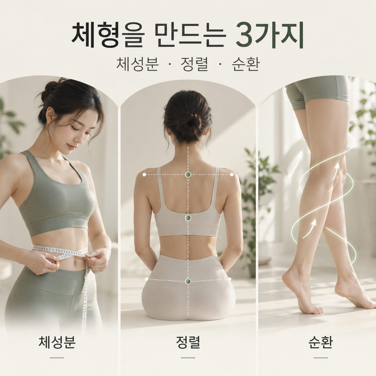 체형을 만드는 3가지 — 체성분·정렬·순환. 줄자로 허리둘레를 재는 모습, 등 뒤 정렬선 표시, 다리 순환 방향 화살표