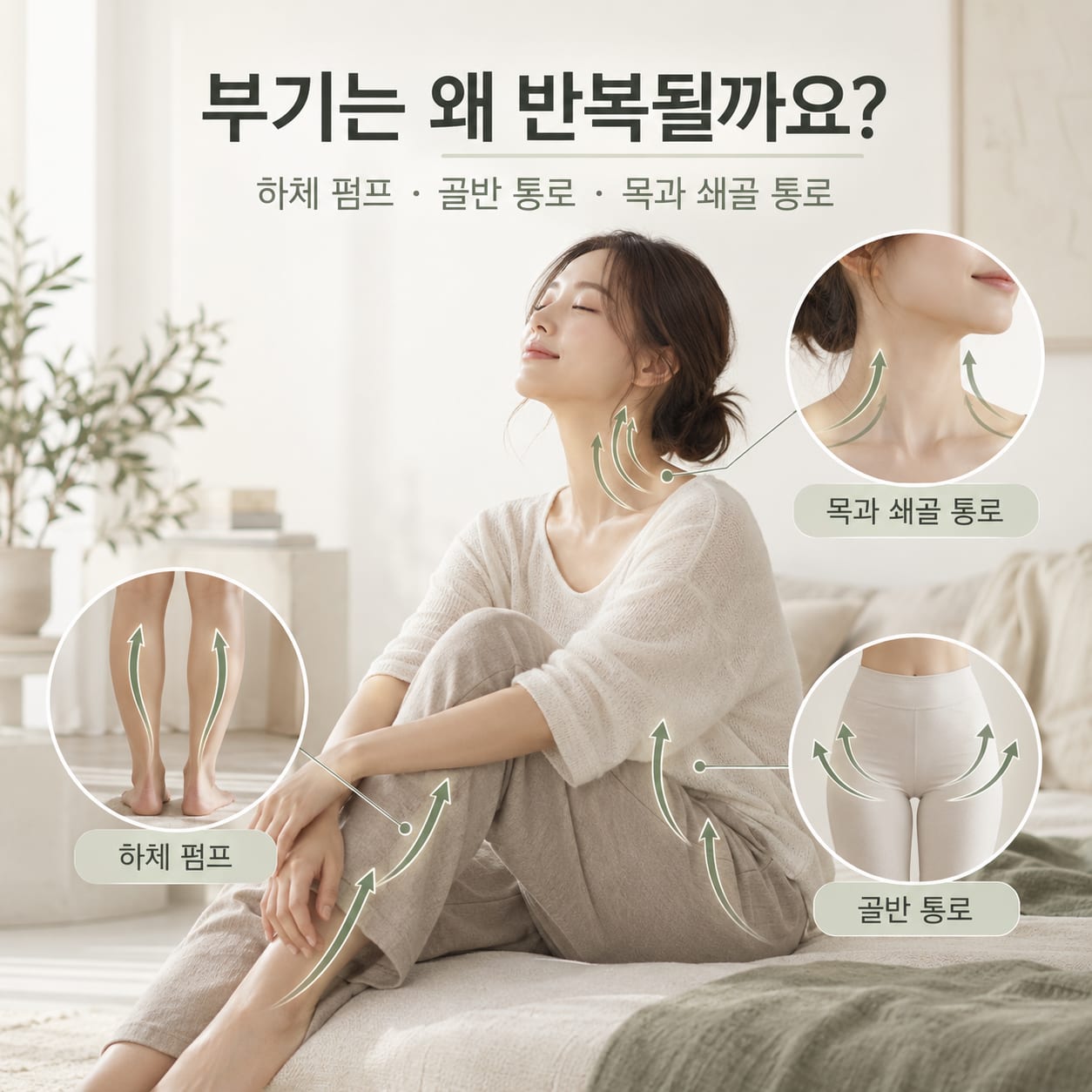 부기는 왜 반복될까요 — 하체 펌프, 골반 통로, 목과 쇄골 통로. 세 지점의 흐름 방향을 화살표로 표시