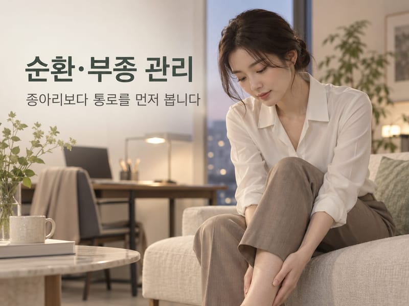 순환·부종 관리 — 종아리보다 통로를 먼저 봅니다. 구두를 벗고 소파에 앉아 종아리를 짚어 보는 모습