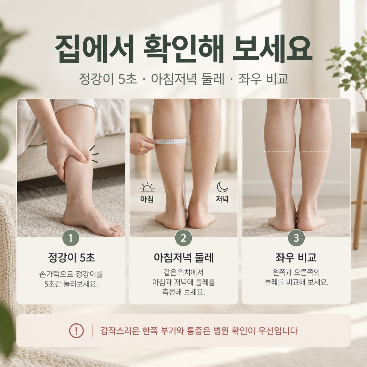 집에서 확인해 보세요 — 정강이 5초 누르기, 아침저녁 둘레 재기, 좌우 비교. 갑작스러운 한쪽 부기와 통증은 병원 확인이 우선이라는 안내 포함