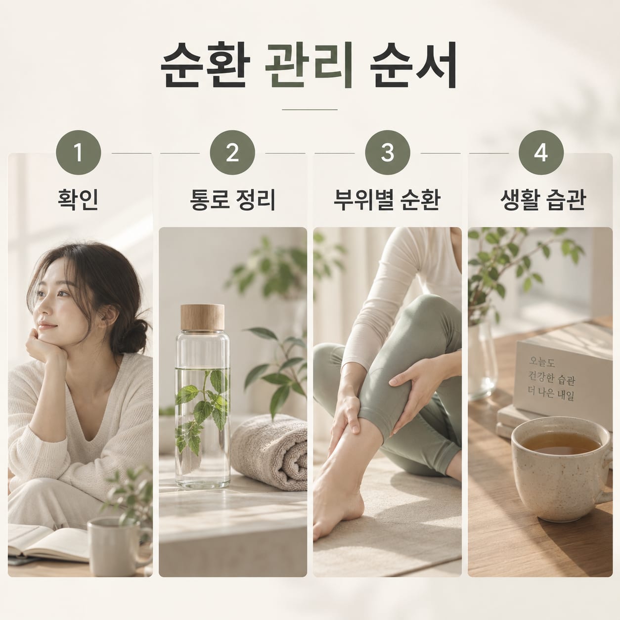 순환 관리 순서 — 1 확인, 2 통로 정리, 3 부위별 순환, 4 생활 습관