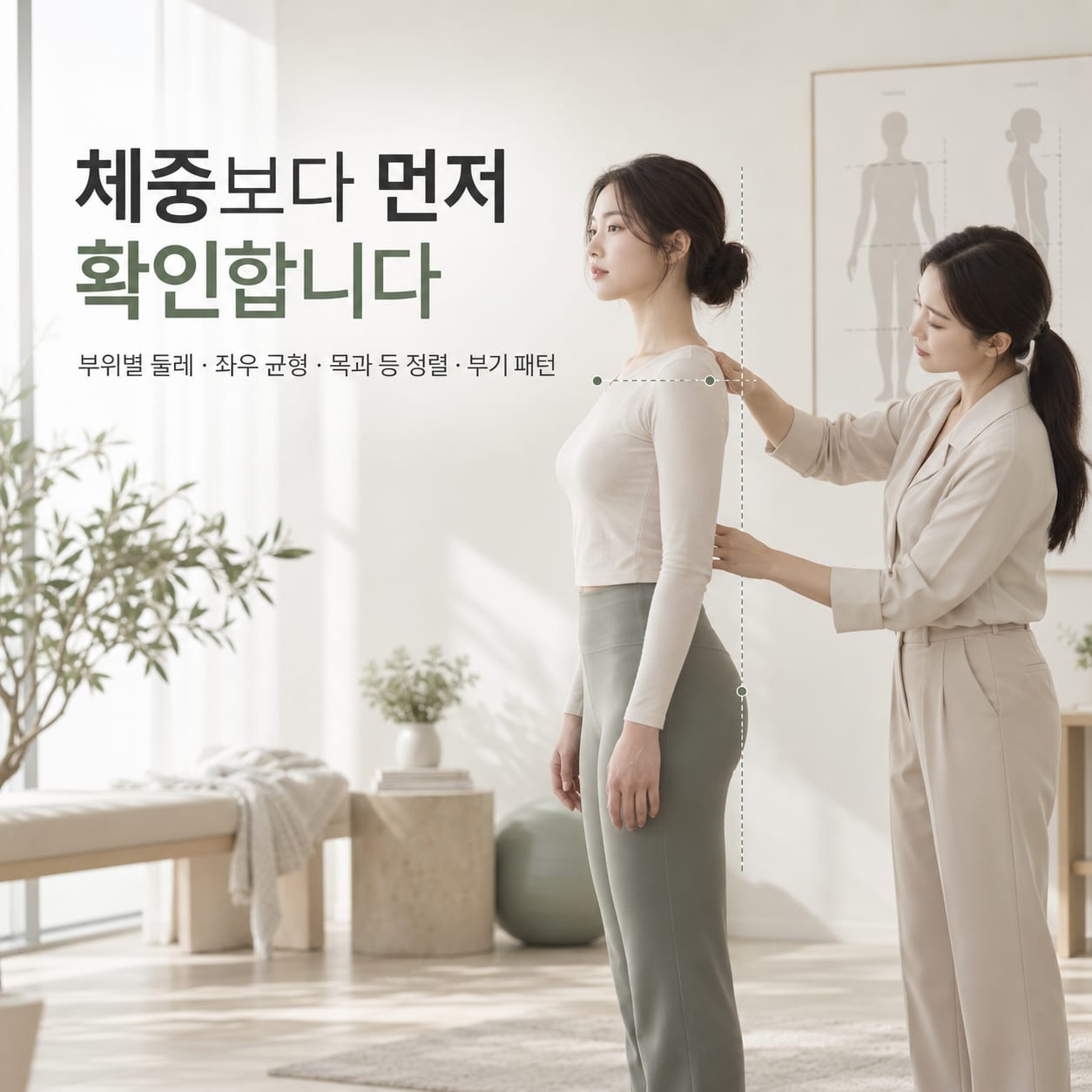 체중보다 먼저 확인합니다 — 부위별 둘레·좌우 균형·목과 등 정렬·부기 패턴. 옆으로 선 고객의 어깨와 골반 높이를 수직선으로 확인하는 모습
