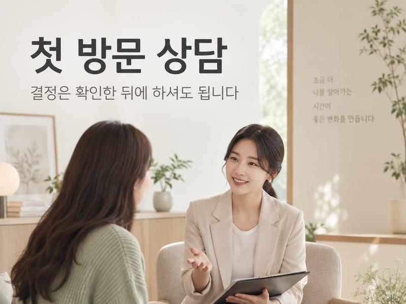 첫 방문 상담 — 결정은 확인한 뒤에 하셔도 됩니다. 상담사가 고객과 마주 앉아 이야기하는 모습