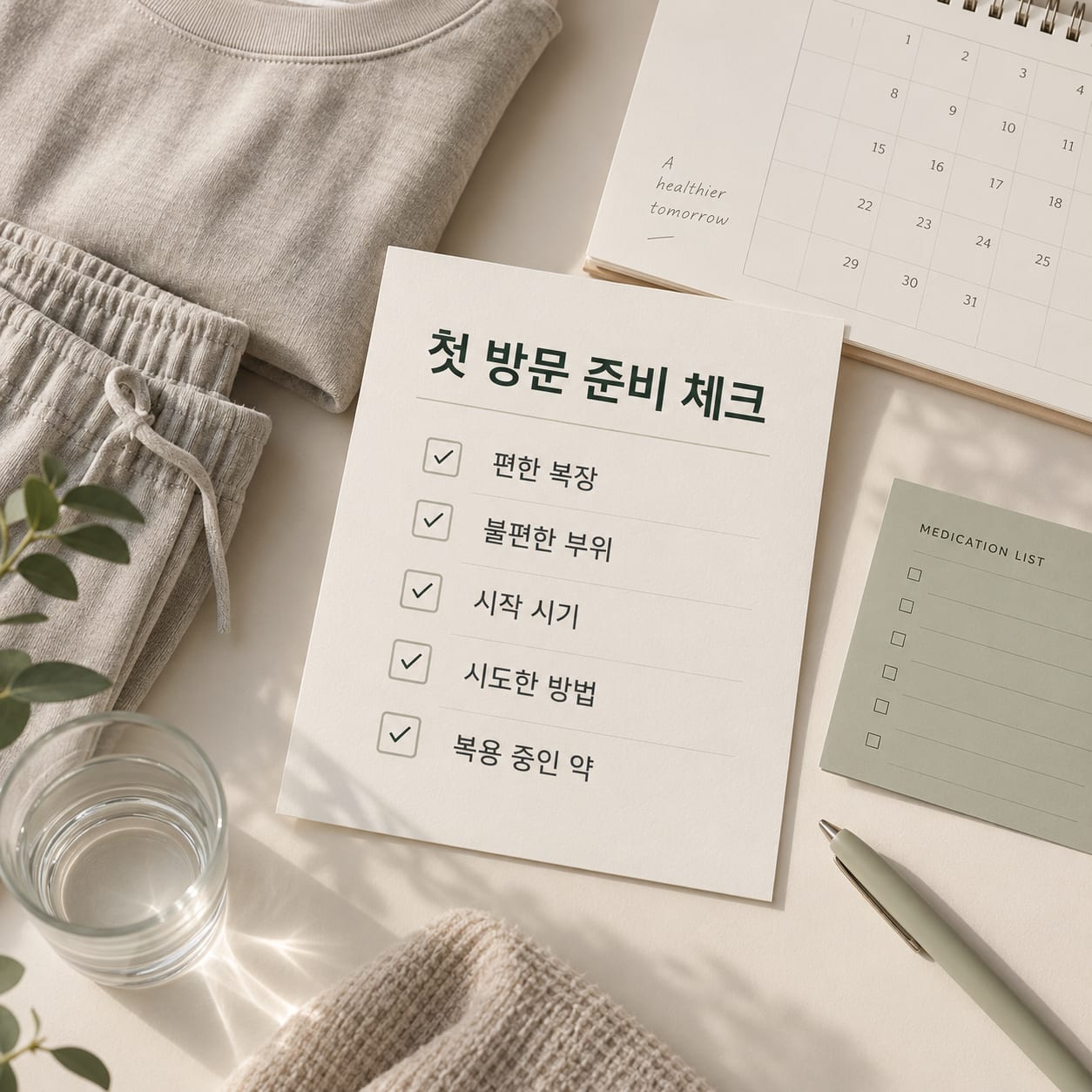 첫 방문 준비 체크 — 편한 복장, 불편한 부위, 시작 시기, 시도한 방법, 복용 중인 약
