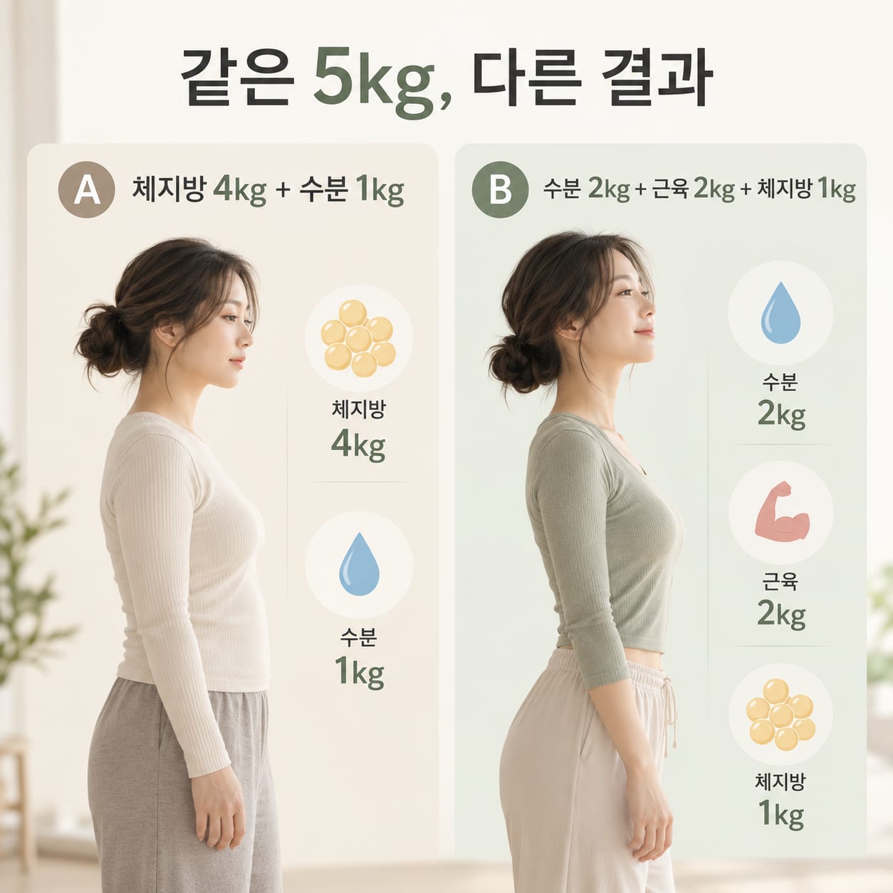 같은 5kg, 다른 결과 — A는 체지방 4kg에 수분 1kg, B는 수분 2kg에 근육 2kg와 체지방 1kg. 체중은 같지만 결과가 다름을 비교