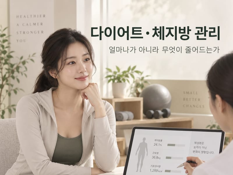 다이어트·체지방 관리 — 얼마나가 아니라 무엇이 줄어드는가. 체지방률·근육량·기초대사량을 화면으로 함께 보는 상담 장면 (화면 수치는 예시입니다)