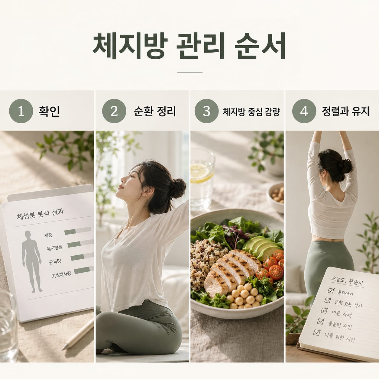 체지방 관리 순서 — 1 확인, 2 순환 정리, 3 체지방 중심 감량, 4 정렬과 유지