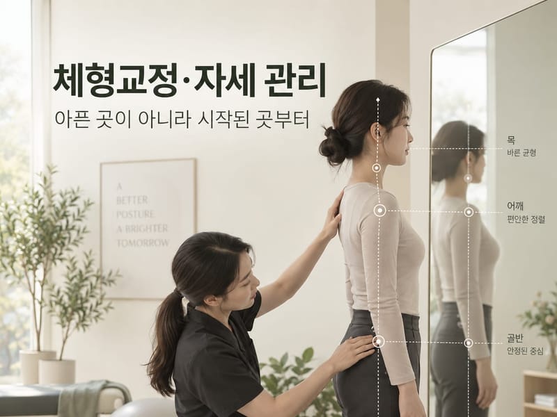 체형교정·자세 관리 — 아픈 곳이 아니라 시작된 곳부터. 거울 앞에서 목·어깨·골반의 정렬을 짚어 확인하는 모습