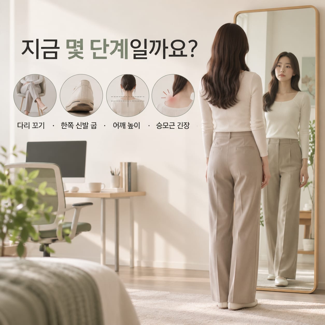 지금 몇 단계일까요 — 다리 꼬기, 한쪽 신발 굽, 어깨 높이, 승모근 긴장. 거울 앞에 선 뒷모습