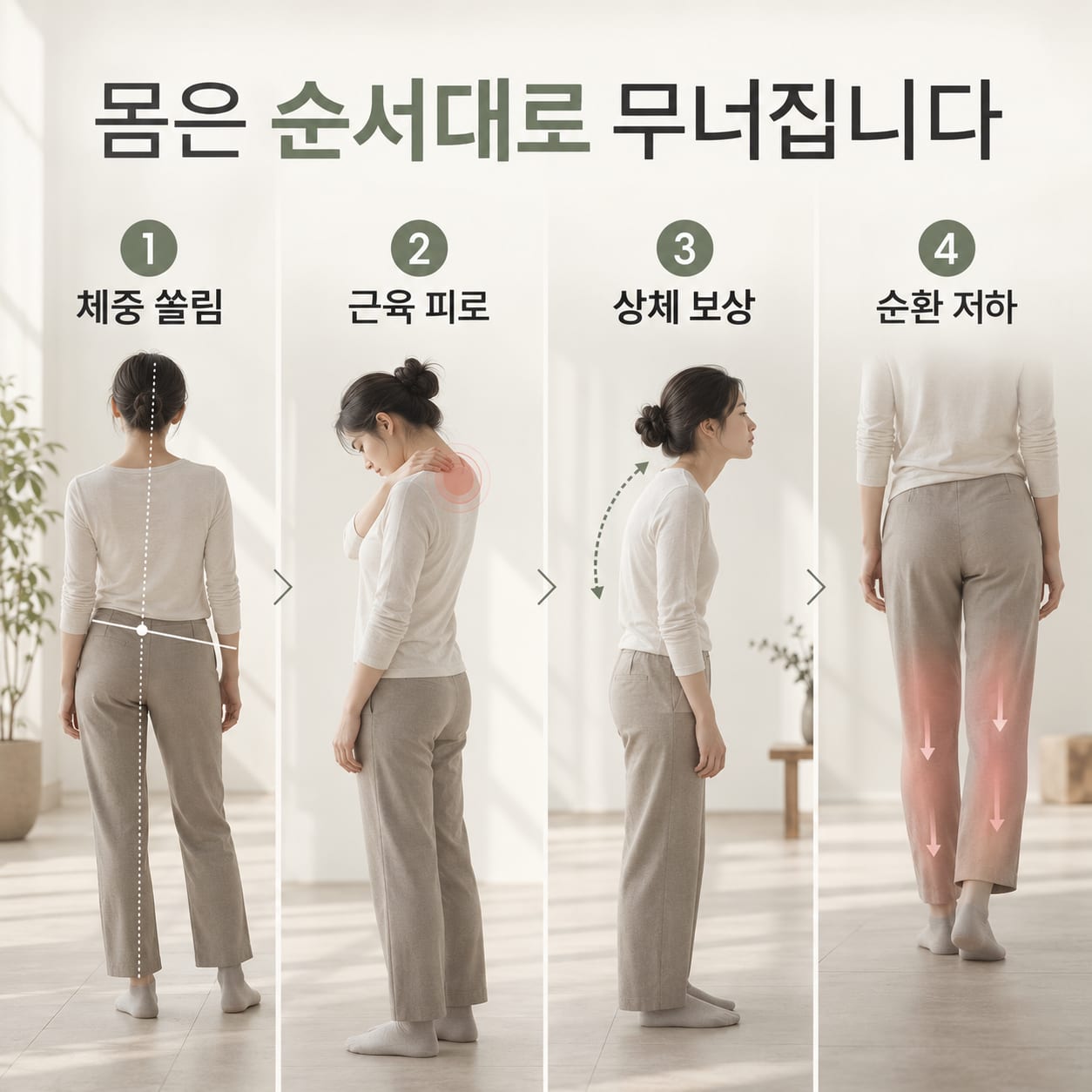 몸은 순서대로 무너집니다 — 1 체중 쏠림, 2 근육 피로, 3 상체 보상, 4 순환 저하