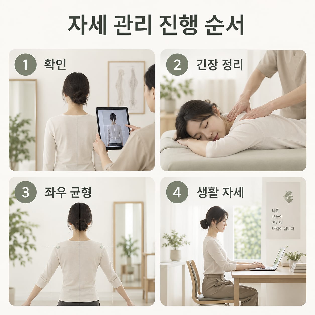 자세 관리 진행 순서 — 1 확인, 2 긴장 정리, 3 좌우 균형, 4 생활 자세
