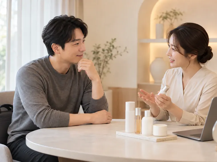 남성 고객이 상담 테이블에서 관리 구성을 안내받는 모습